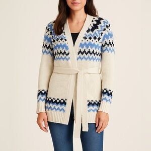 NWT Fair Isle Belted Cardigan Sweater Cream Blue XS Nordic Winter Knit Wrap